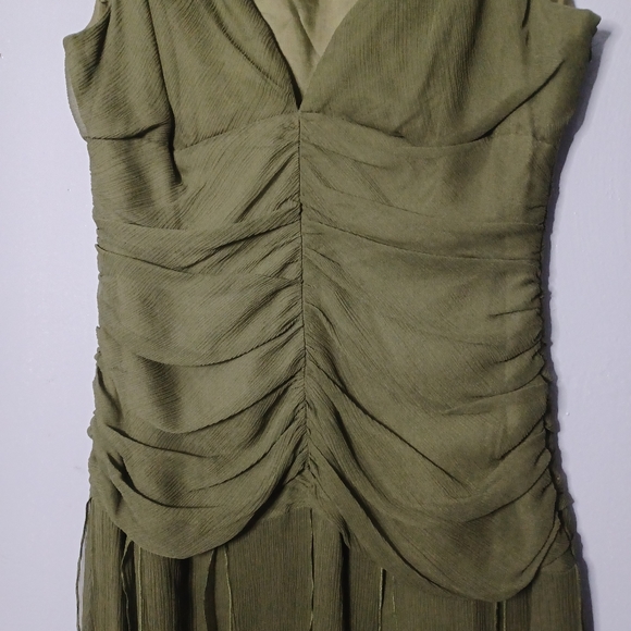 #66 Citrine Green Silk Drop Waist Empire Waist Ruched Bodice Dress Women's 12 - Picture 5 of 11
